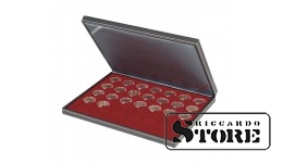 NERA M case with a dark red tray for 35 round slots, designed for coin capsules with an outer diameter of 32 mm. Ideal for storing 2 euro coins in LINDNER capsules.