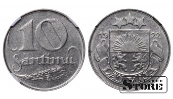 Latvija, 10 santimų, 1922 metai, NGC, AU 58