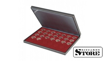 NERA M case with a dark red tray for 35 round slots, designed for coin capsules with an outer diameter of 32 mm. Ideal for storing 2 euro coins in LINDNER capsules.